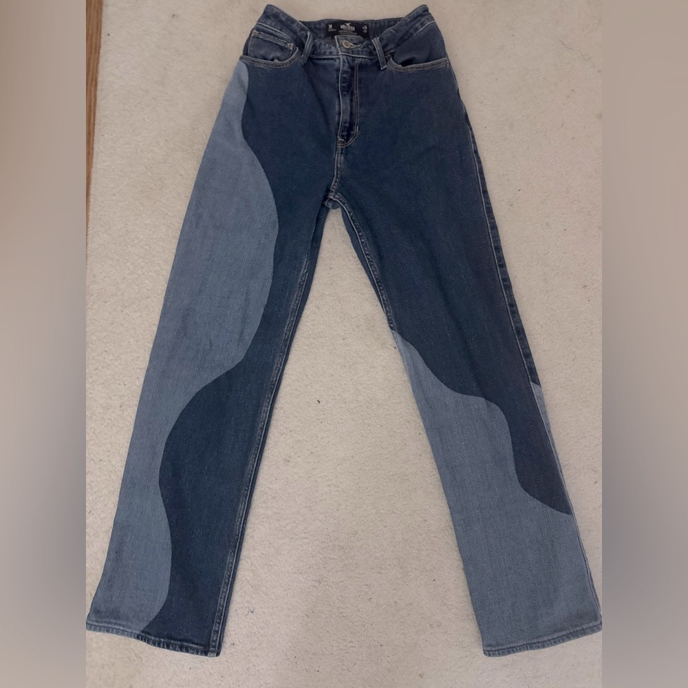 Blue and navy patchwork straight leg jeans